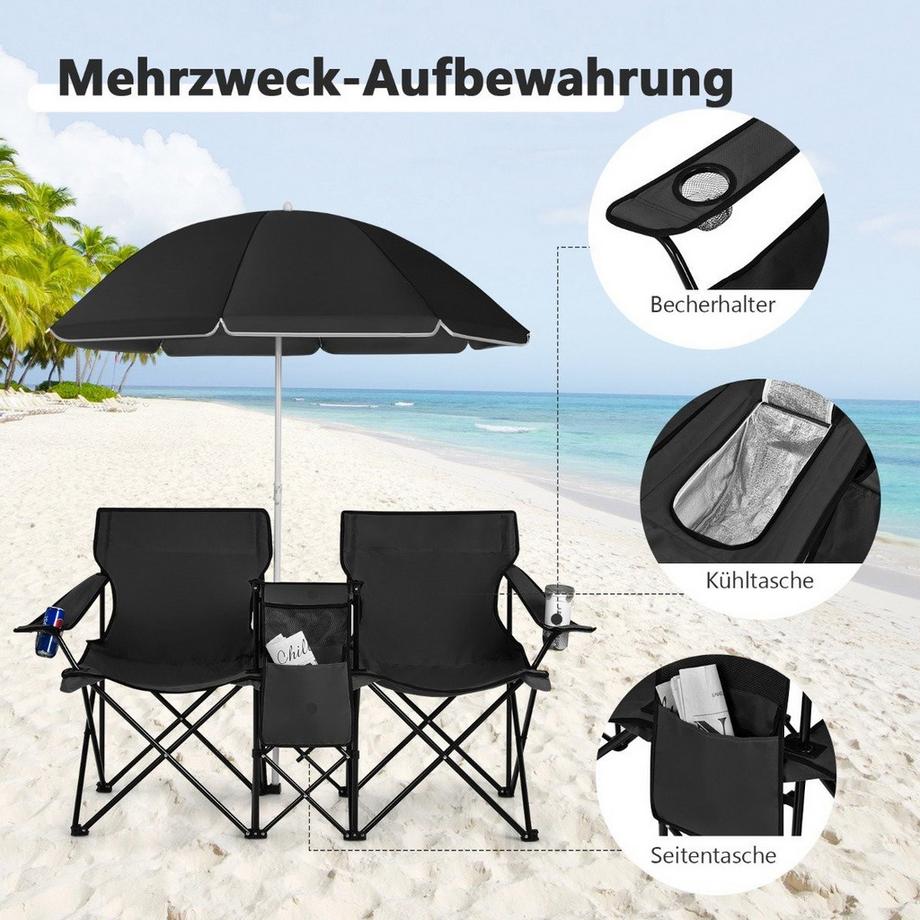 Northix  Chaise de camping avec parasol double chaise pliante avec porte-gobelet sac isotherme noir 
