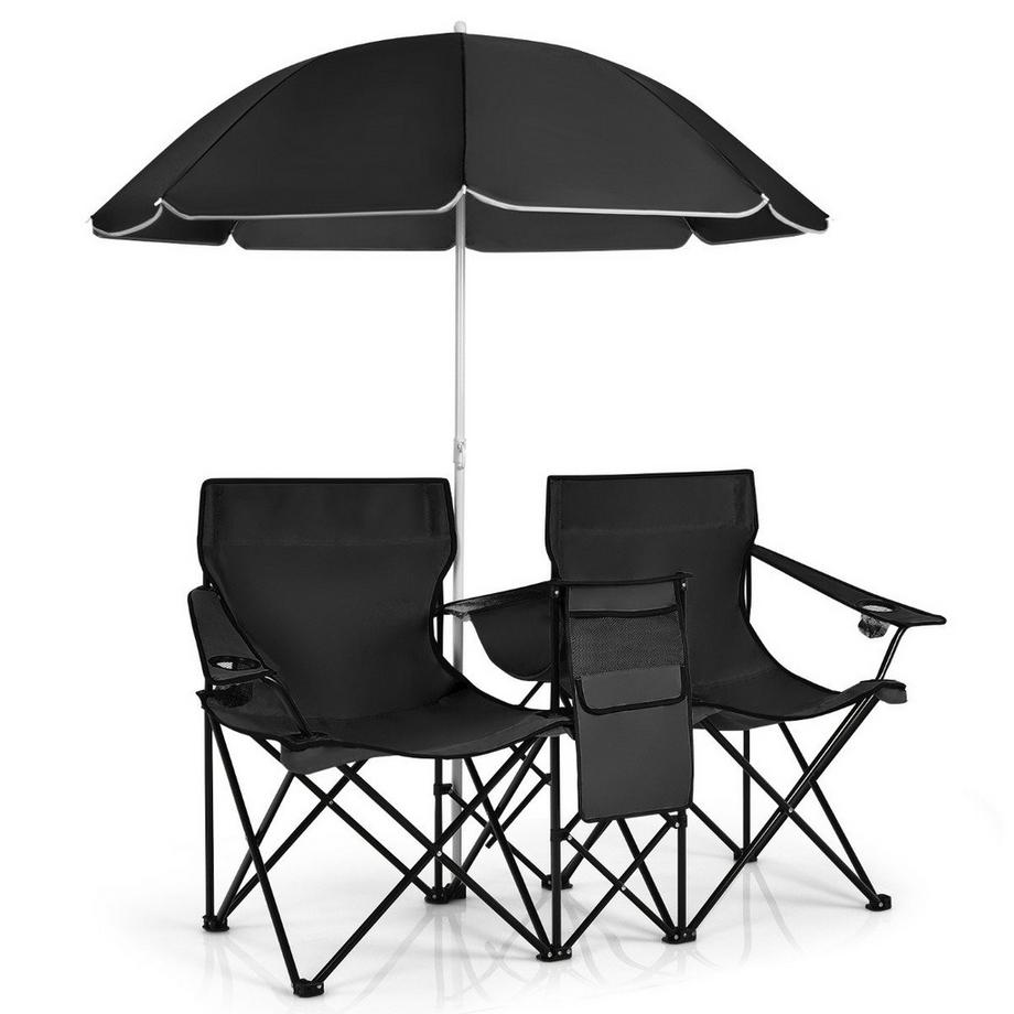Northix  Chaise de camping avec parasol double chaise pliante avec porte-gobelet sac isotherme noir 