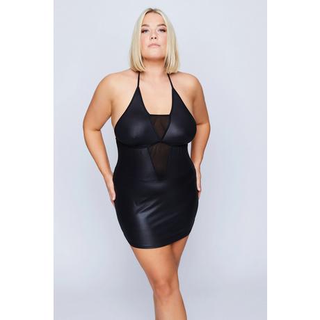 Ulla Popken  Set con négligé con inserto di mesh e wet look e perizoma 