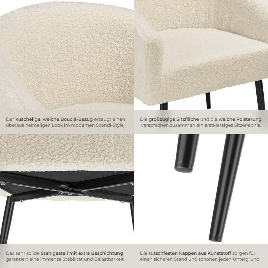 Tectake Sessel Mysig gepolstert, mit Bouclé-Bezug durchgehende Arm- und Rückenlehne  