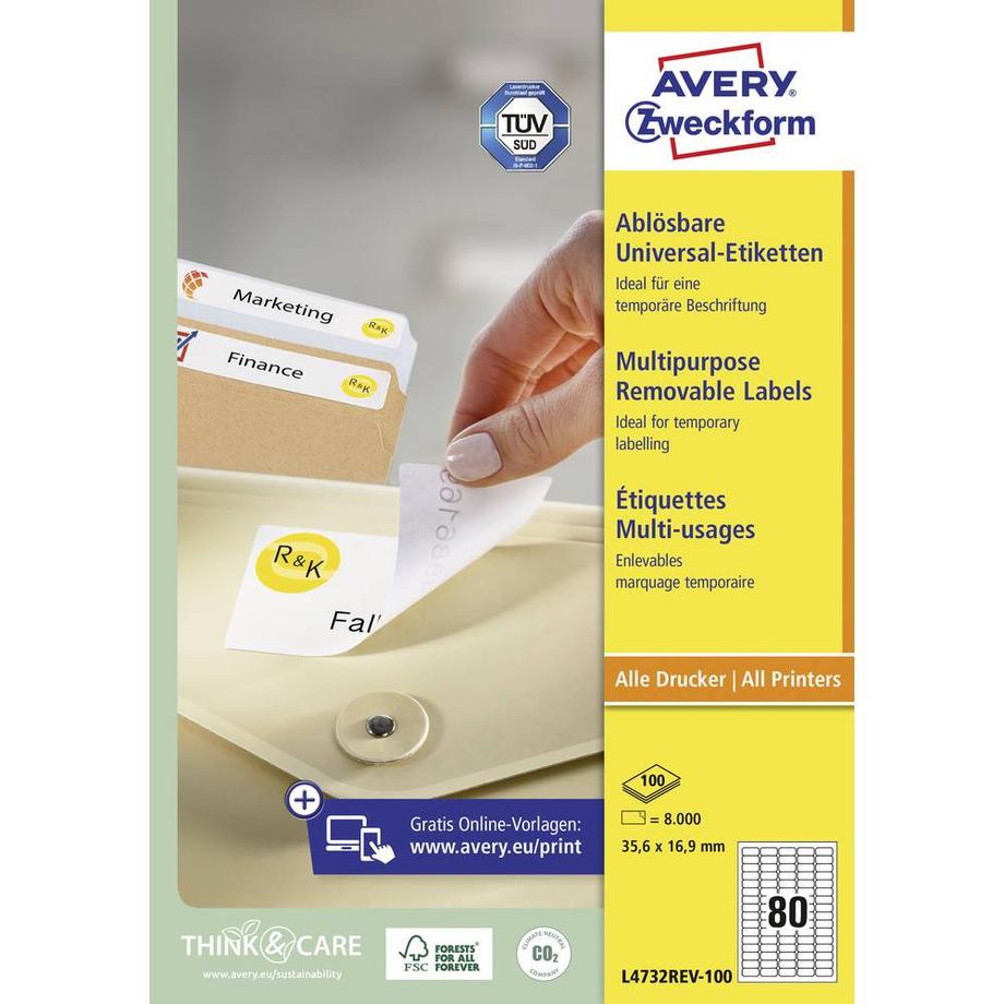 Avery-Zweckform Etichetta universale 35.6 x 16.9 mm Carta Bianco 8000 pz. Staccabile Stampante a getto d'in  