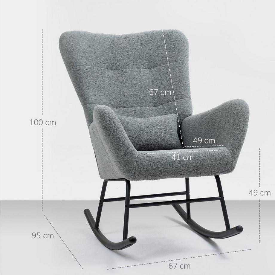 Northio Chaise à bascule, chaise à bascule aspect tissu peluche, accoudoir, chaise d'allaitement avec patins en bois, coussin lombaire, chaise de relaxation avec poche latérale pour salon, chambre à coucher, gris  