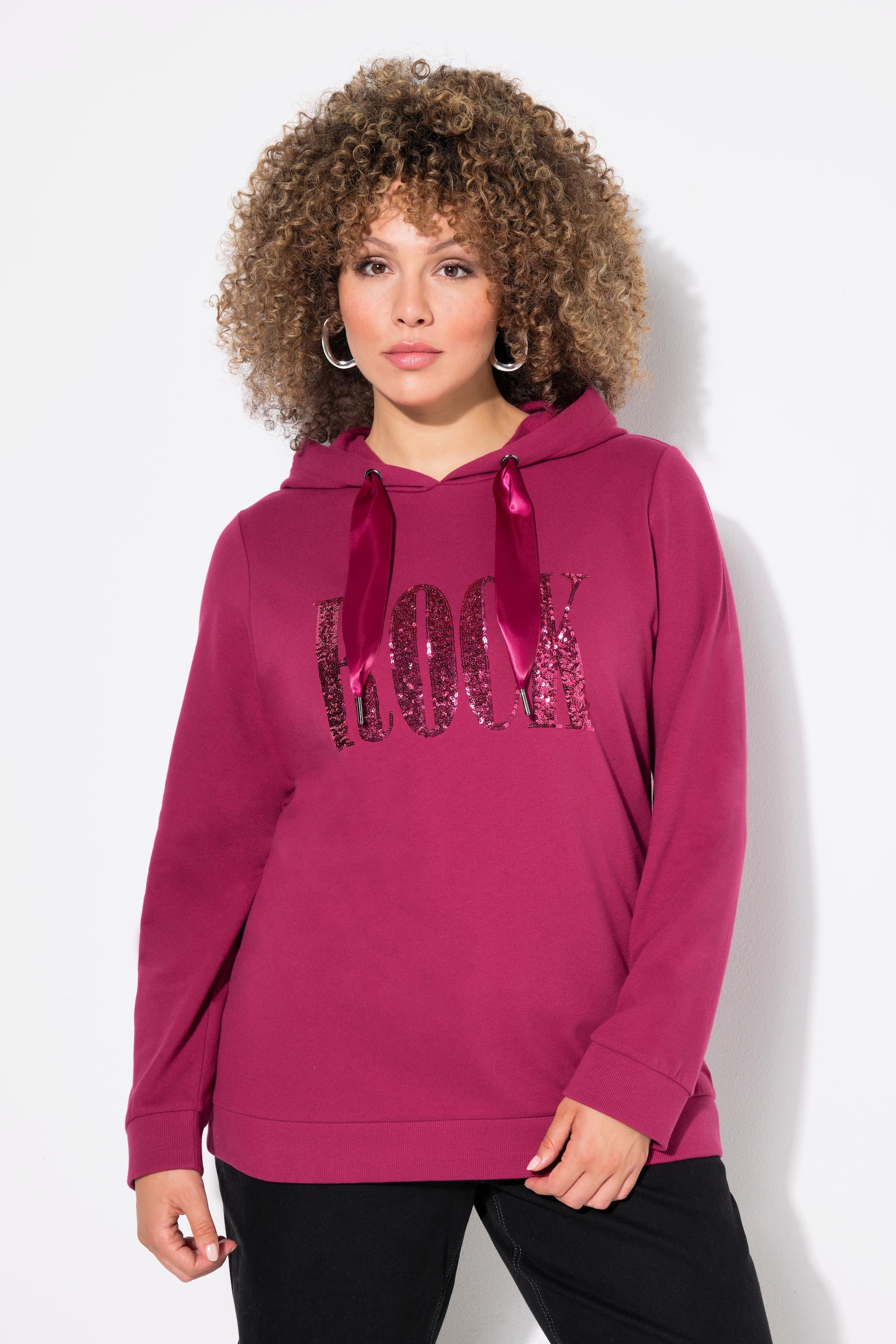 Ulla Popken  Sweat-shirt à capuche et manches longues, imprimé avec paillettes scintillantes 