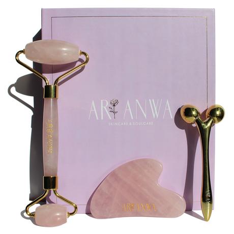 ARI ANWA Skincare The Glow Kit Rose – Ensemble de yoga pour le visage : Gua Sha, rouleau de quartz rose et masseur 3D  