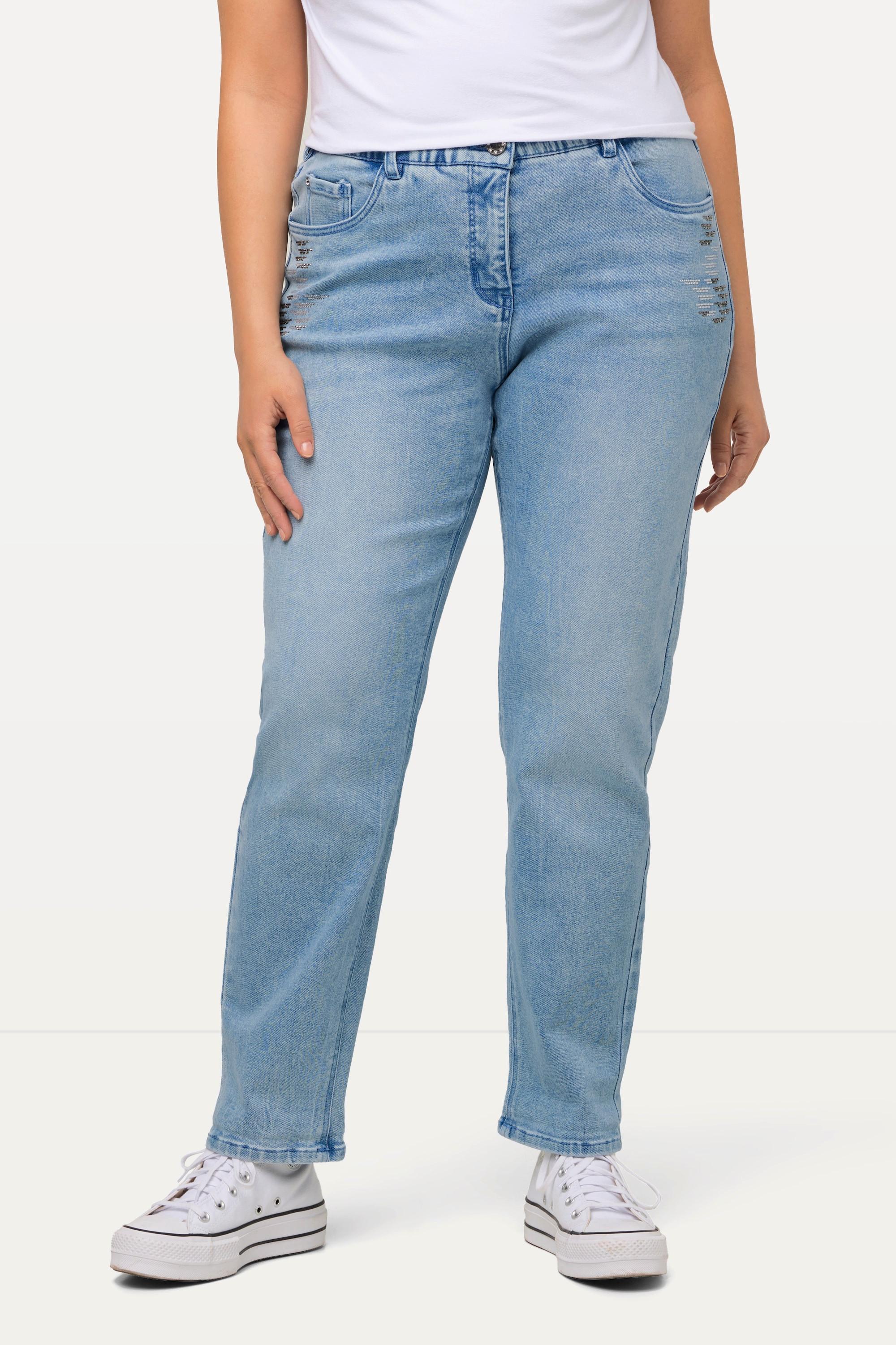 Ulla Popken  Boyfriend jeans con taglio della gamba ampio, glitter e cintura comoda 