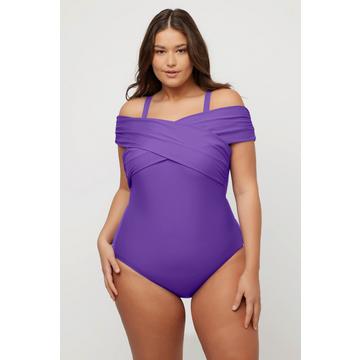 Maillot de bain à bonnets souples. Décolleté Carmen avec drapé. Bretelles amovibles.