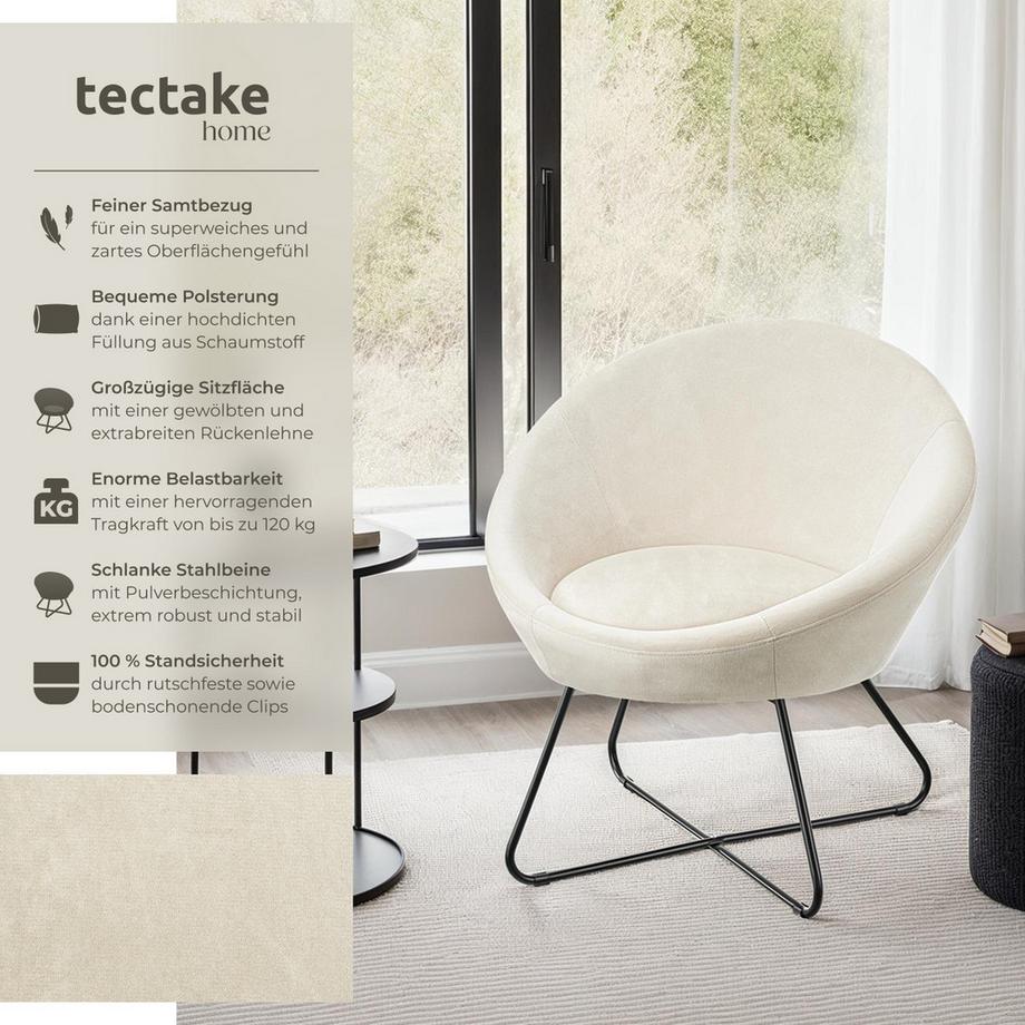 Tectake Cocktailsessel Centera gepolstert, mit Bouclé- oder Samtbezug Belastbarkeit 120 kg  