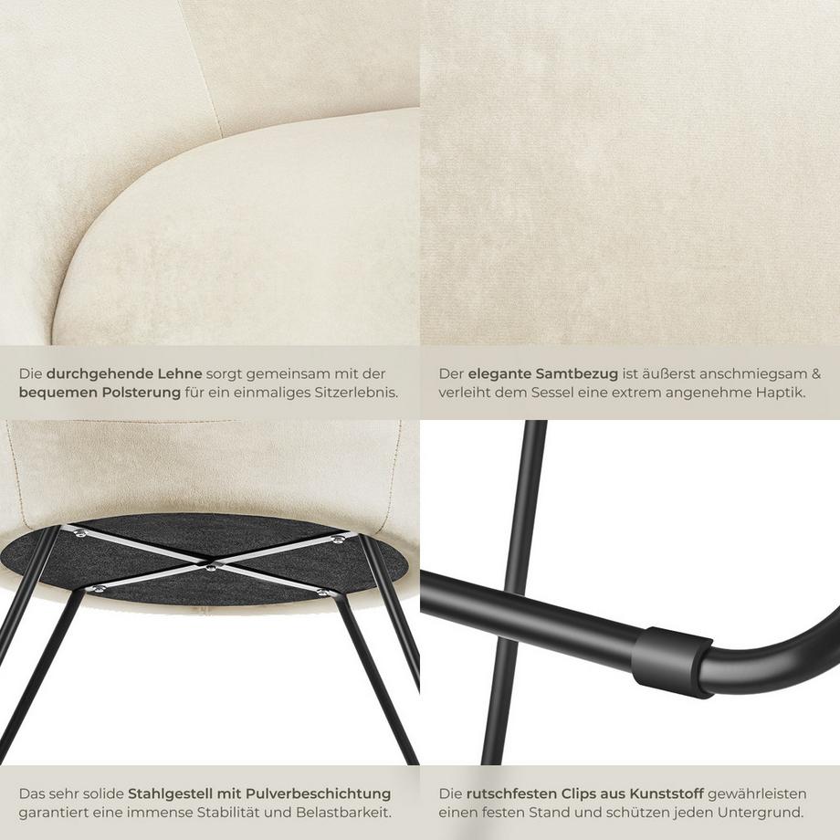 Tectake Cocktailsessel Centera gepolstert, mit Bouclé- oder Samtbezug Belastbarkeit 120 kg  