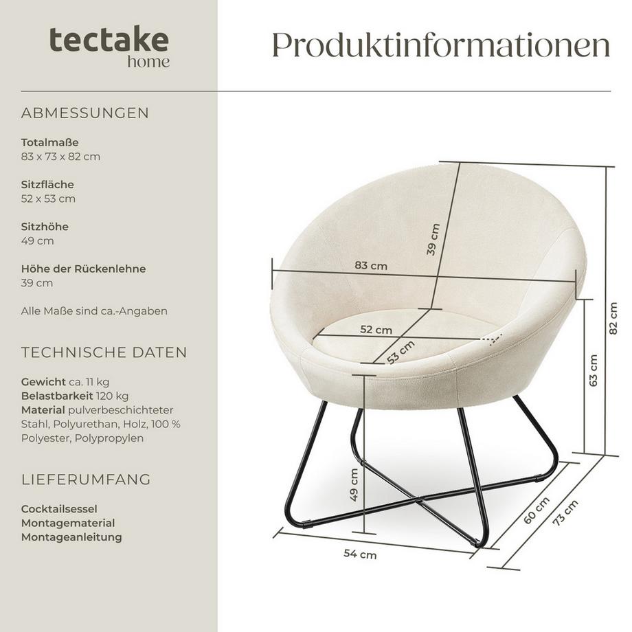 Tectake Cocktailsessel Centera gepolstert, mit Bouclé- oder Samtbezug Belastbarkeit 120 kg  