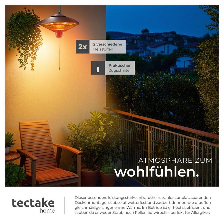Tectake Radiateur infrarouge SOLARIS ORBIT 2 niveaux de puissance : 1 250 et 2 500 W  
