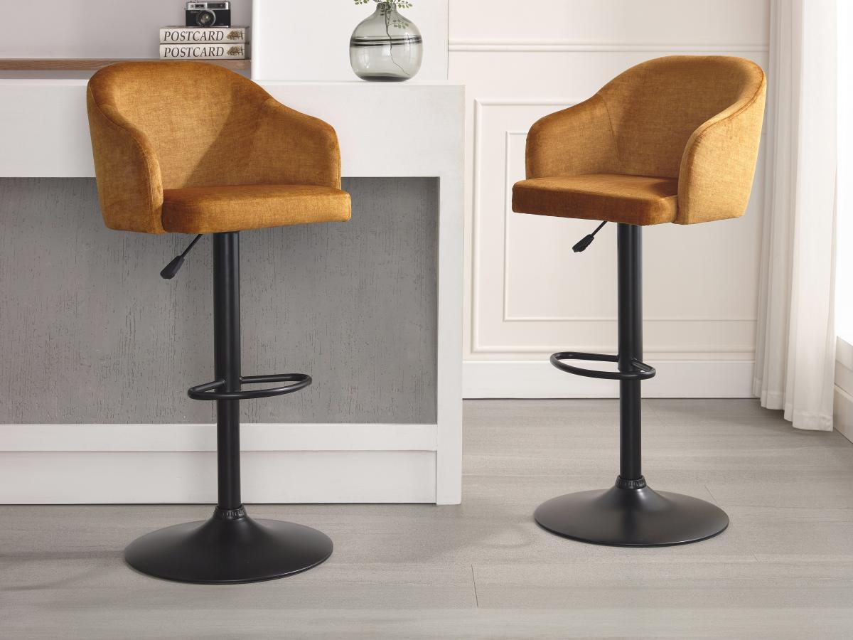 Vente-unique Tabouret de bar en tissu et métal - Hauteur réglable - Jaune moutarde et noir - CARSTEN  