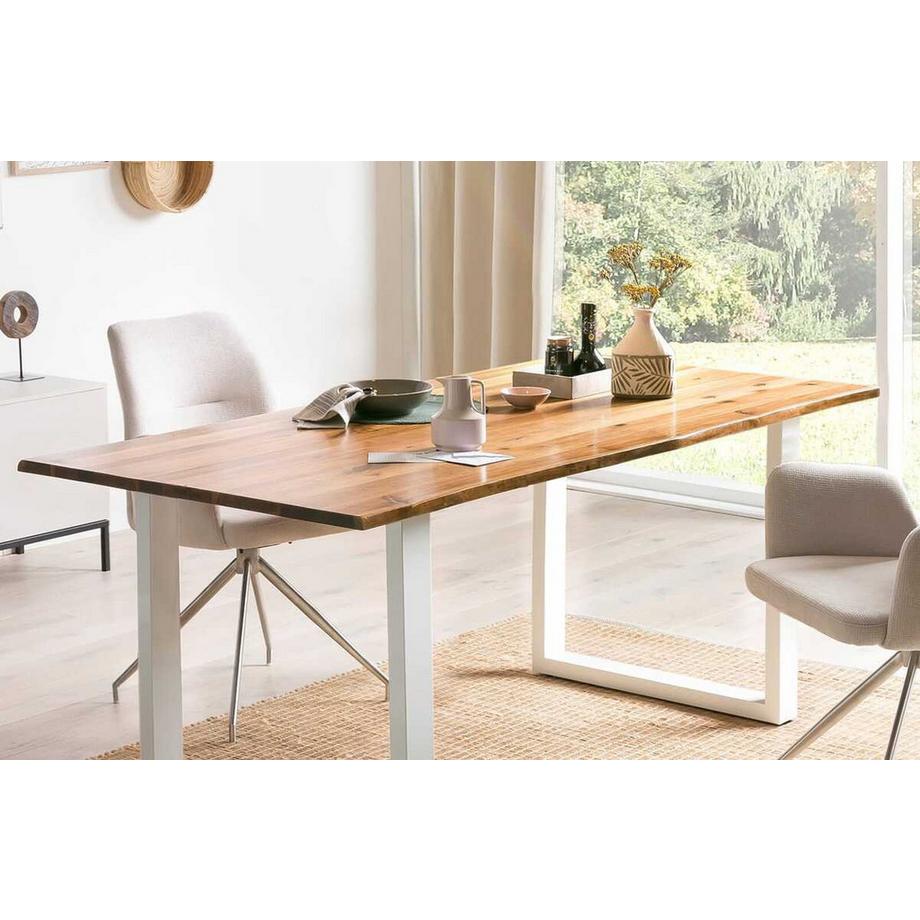 mutoni Table de salle à manger acacia blanc pied en U 200x100  