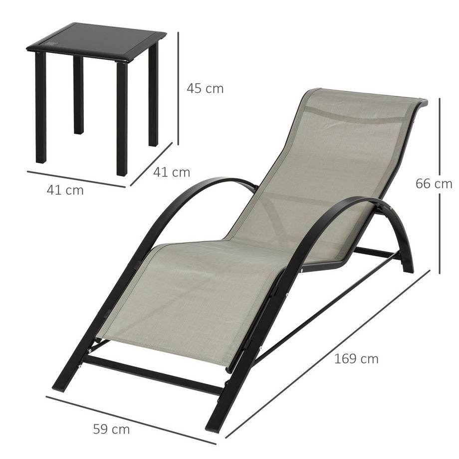 Northio 3-Tlg. Gartenliege Mit Tisch Gartengarnitur Mit 2 Sonnenliegen, 1 Beistelltisch Gartensitzgruppe Gartentischset Metall Mesh Grau+Schwarz  