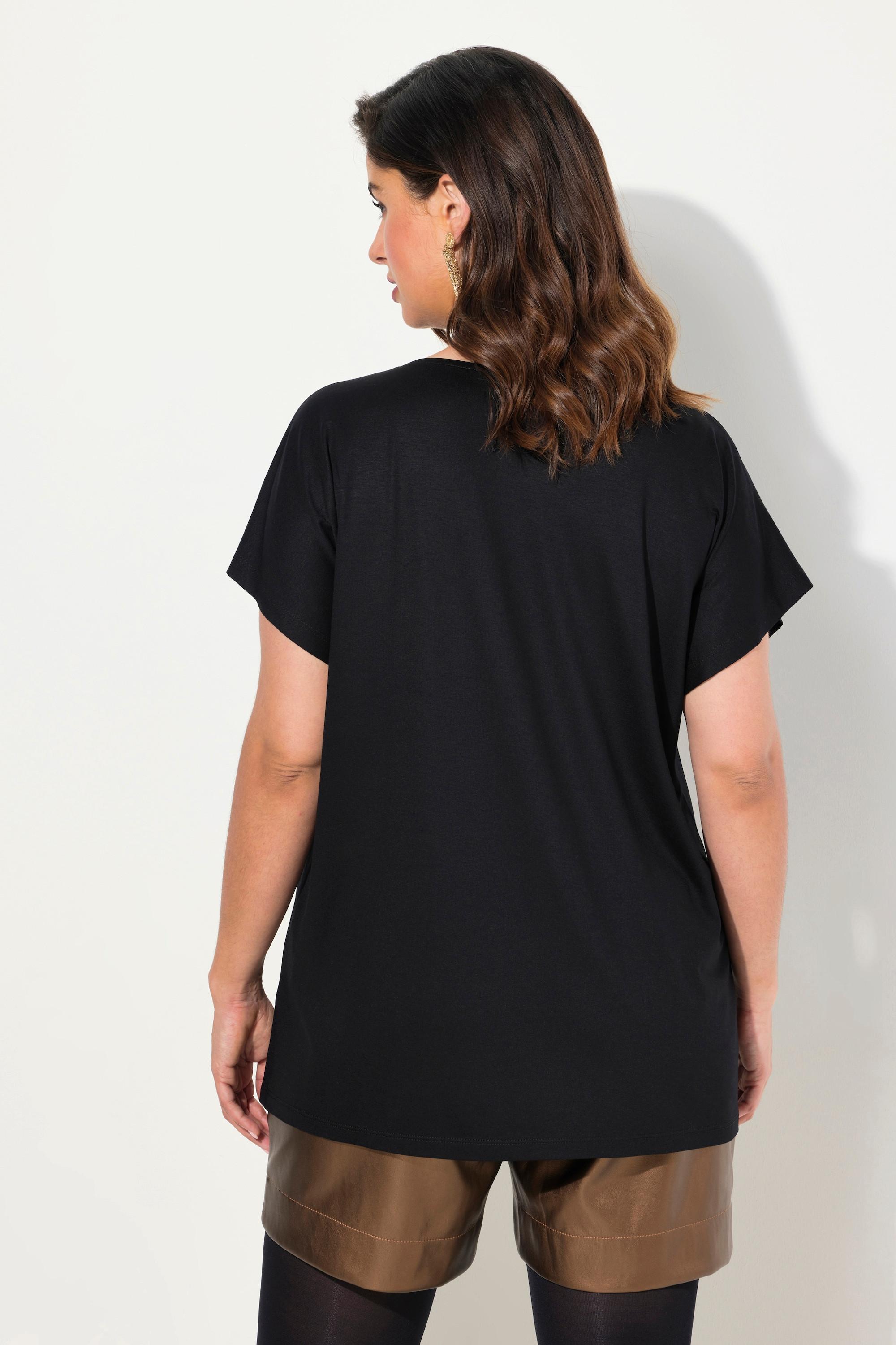 Ulla Popken  T-shirt oversize, col rond et manches courtes, petites pierres scintillantes 