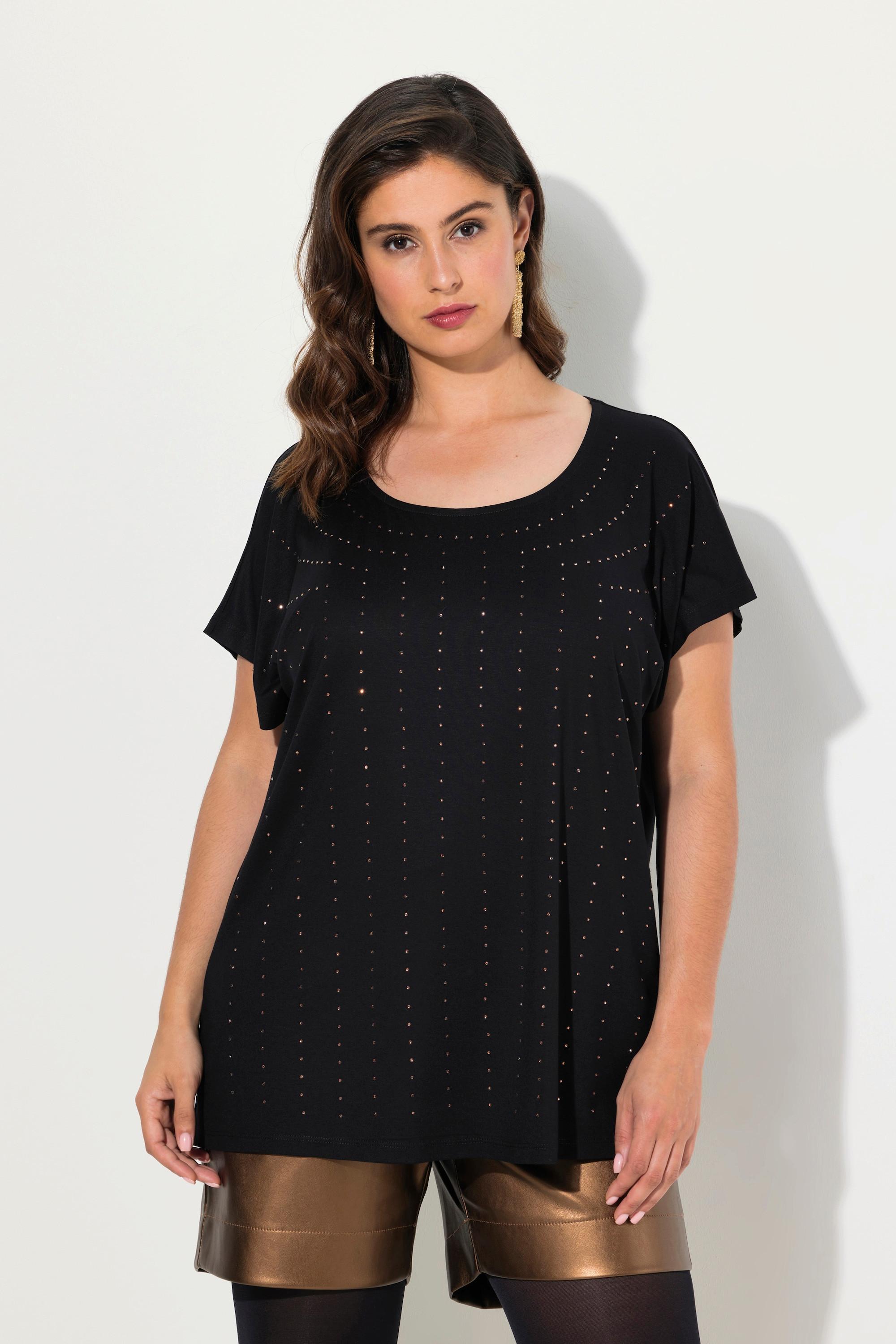 Ulla Popken  T-shirt oversize, col rond et manches courtes, petites pierres scintillantes 