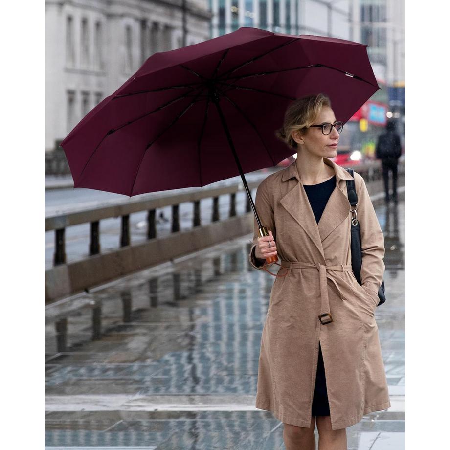Alopini  Automatischer großer sturmsicherer Regenschirm, Taschenschirm mit belüftetem Doppeldach und Holzgriff 