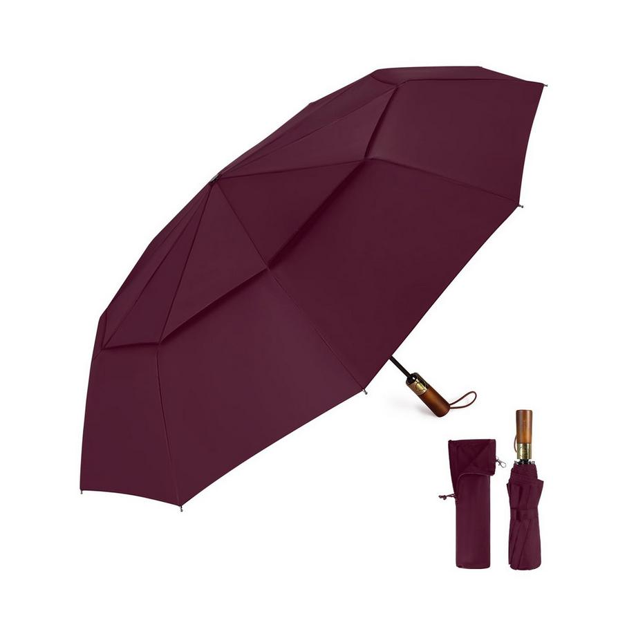 Alopini  Automatischer großer sturmsicherer Regenschirm, Taschenschirm mit belüftetem Doppeldach und Holzgriff 