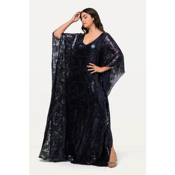 Robe de soirée doublée, esprit cape. Décolleté en V, manches 3/4. Paillettes.