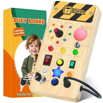 Busy Board – jouets à partir de 1 an, jouet en bois avec 8 interrupteurs, 15 lumières LED, planche d'activité, jouets de motricité, jouets d'apprentissage pour bébés et tout-petits