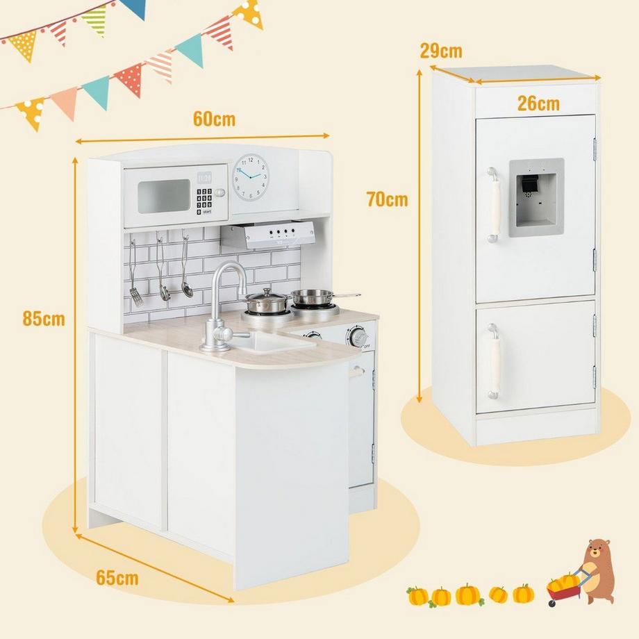 Northix  Eck Spielküche mit Separatem Kühlschrank & Sound & Spielzubehör Kinderküche Weiß 