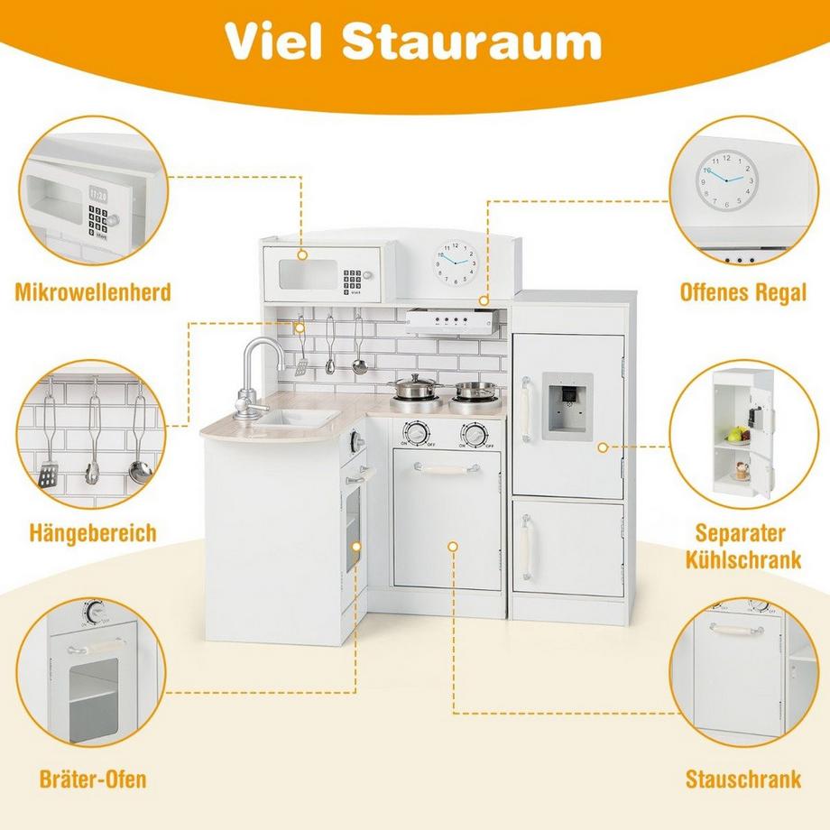 Northix  Eck Spielküche mit Separatem Kühlschrank & Sound & Spielzubehör Kinderküche Weiß 