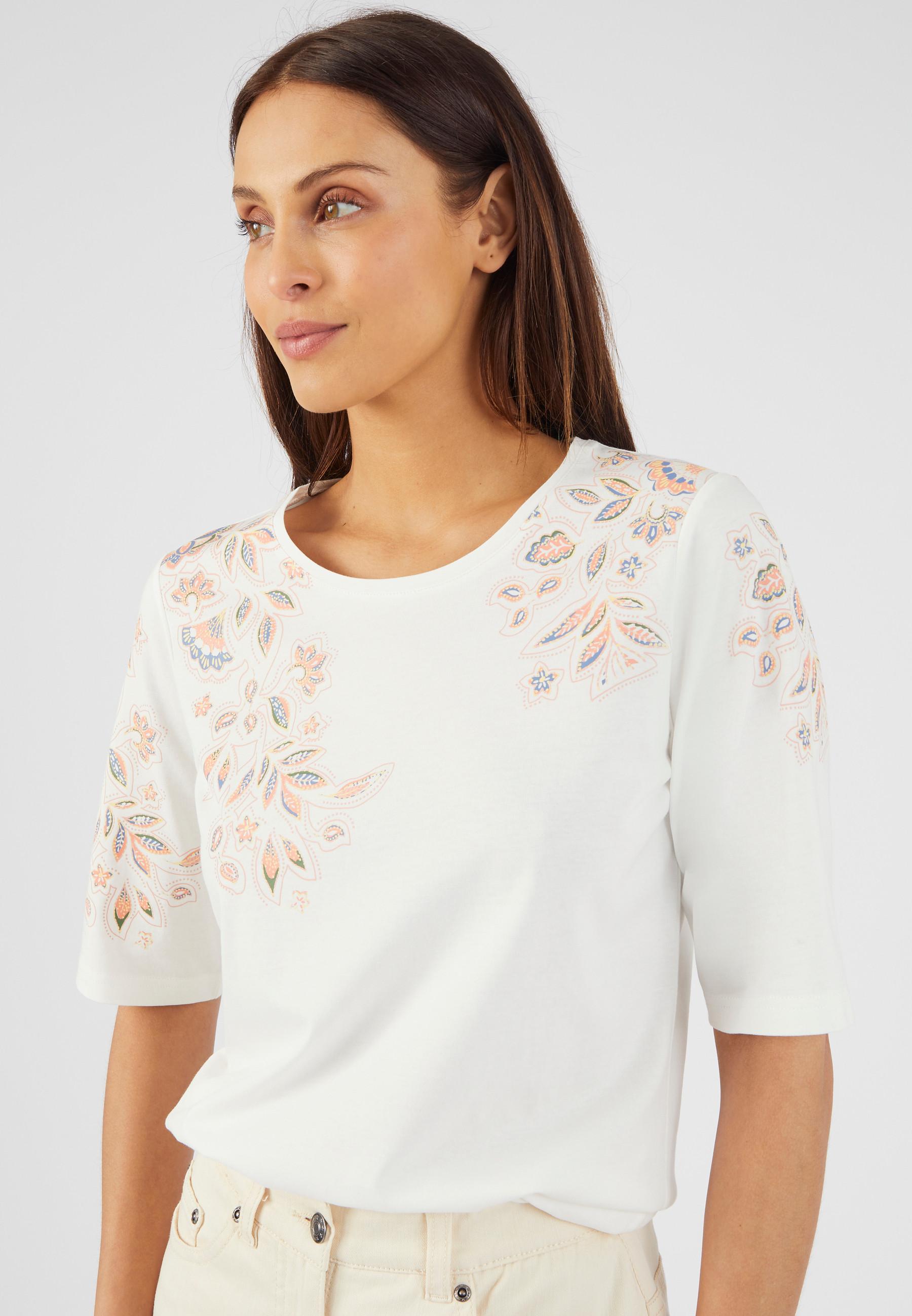Image of T-shirt Mit Platziertem Blumenmotiv Damen Weiss 34/36