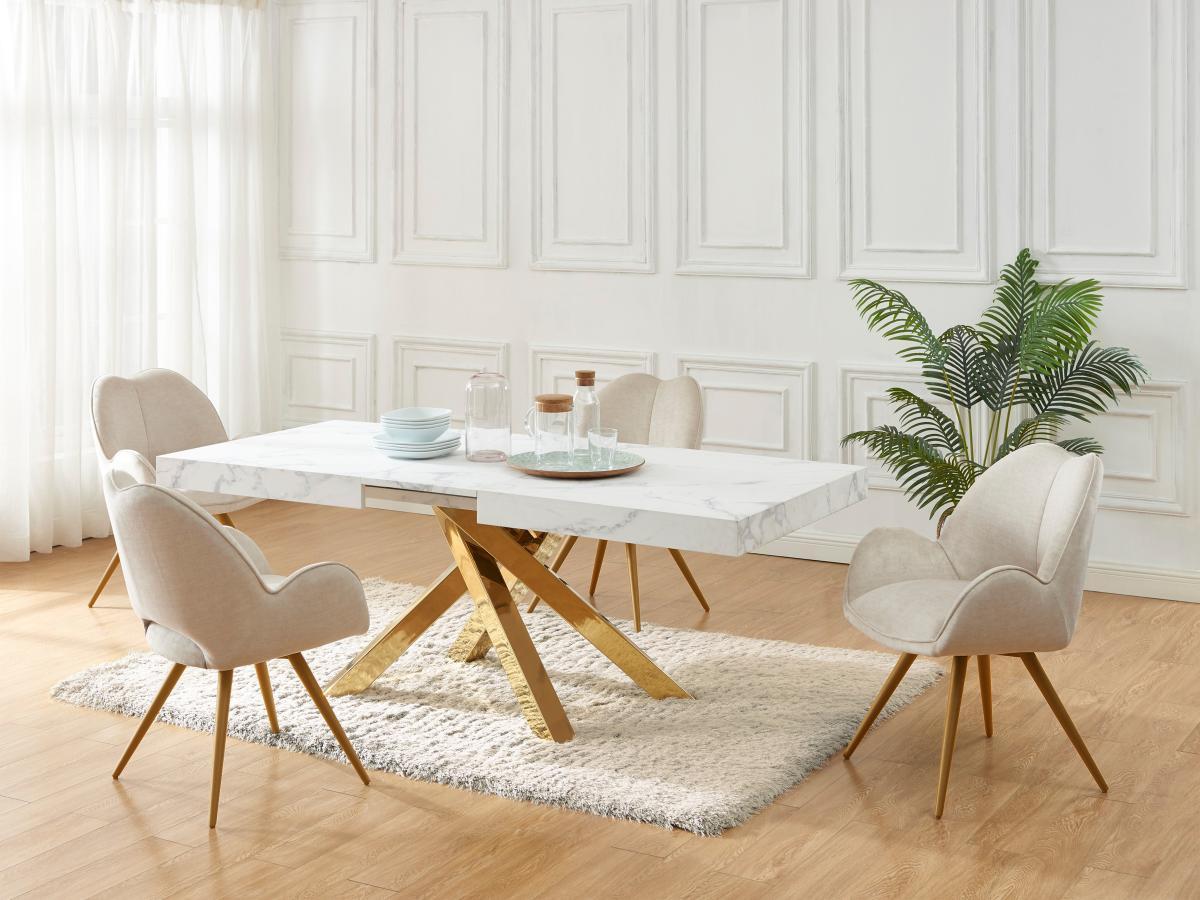 Vente-unique Tavolo da pranzo allungabile da 6 a 10 coperti in MDF e metallo Effetto marmo Bianco e Oro - CATONAV  