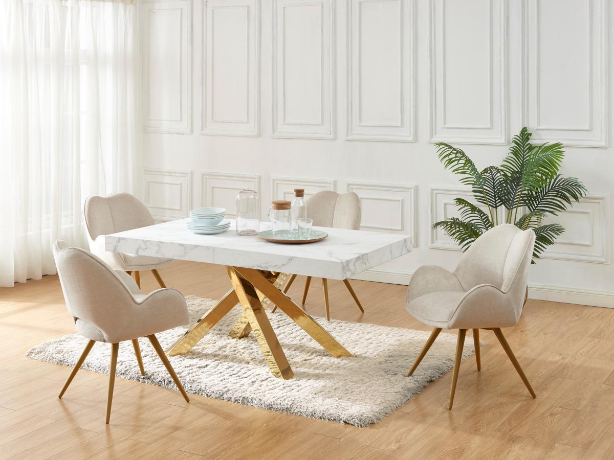 Vente-unique Tavolo da pranzo allungabile da 6 a 10 coperti in MDF e metallo Effetto marmo Bianco e Oro - CATONAV  