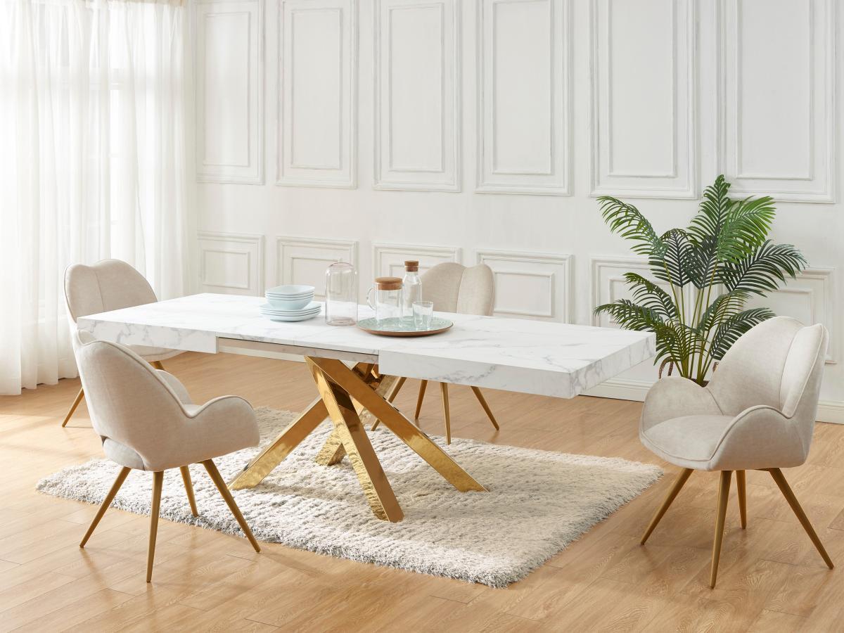 Vente-unique Tavolo da pranzo allungabile da 6 a 10 coperti in MDF e metallo Effetto marmo Bianco e Oro - CATONAV  
