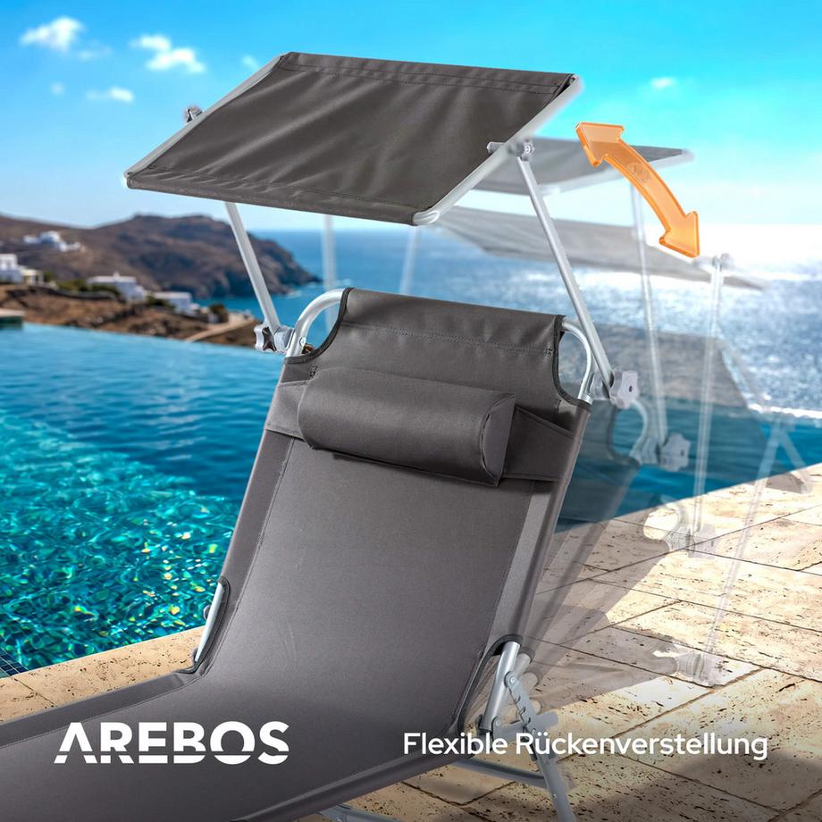 Arebos 2 transats pliants avec pare-soleil | Transat de jardin, de camping et de plage | Oreiller et poche latérale | Réglable | Transat relax pliable  