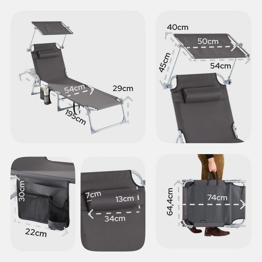 Arebos 2 transats pliants avec pare-soleil | Transat de jardin, de camping et de plage | Oreiller et poche latérale | Réglable | Transat relax pliable  