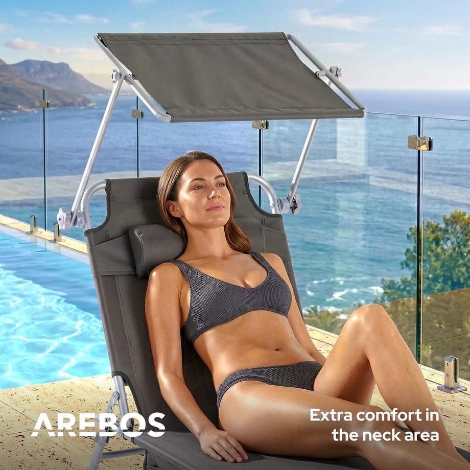 Arebos 2 transats pliants avec pare-soleil | Transat de jardin, de camping et de plage | Oreiller et poche latérale | Réglable | Transat relax pliable  