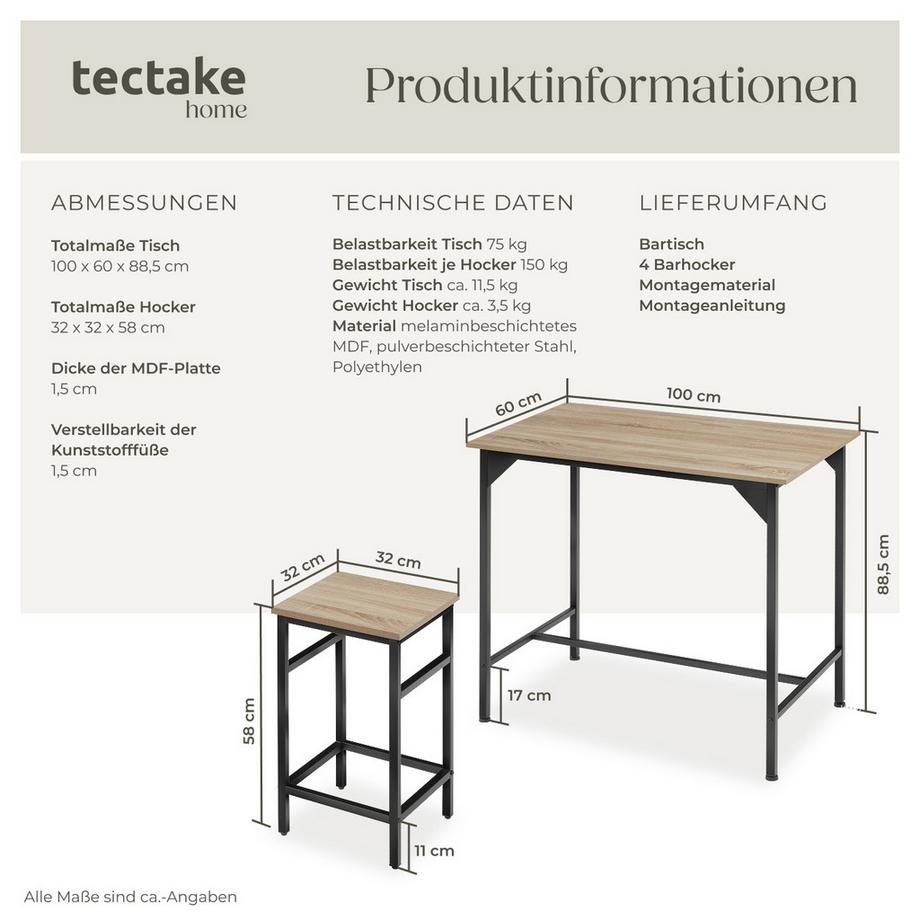 Tectake Set da bar Edimburgo 5 pezzi  