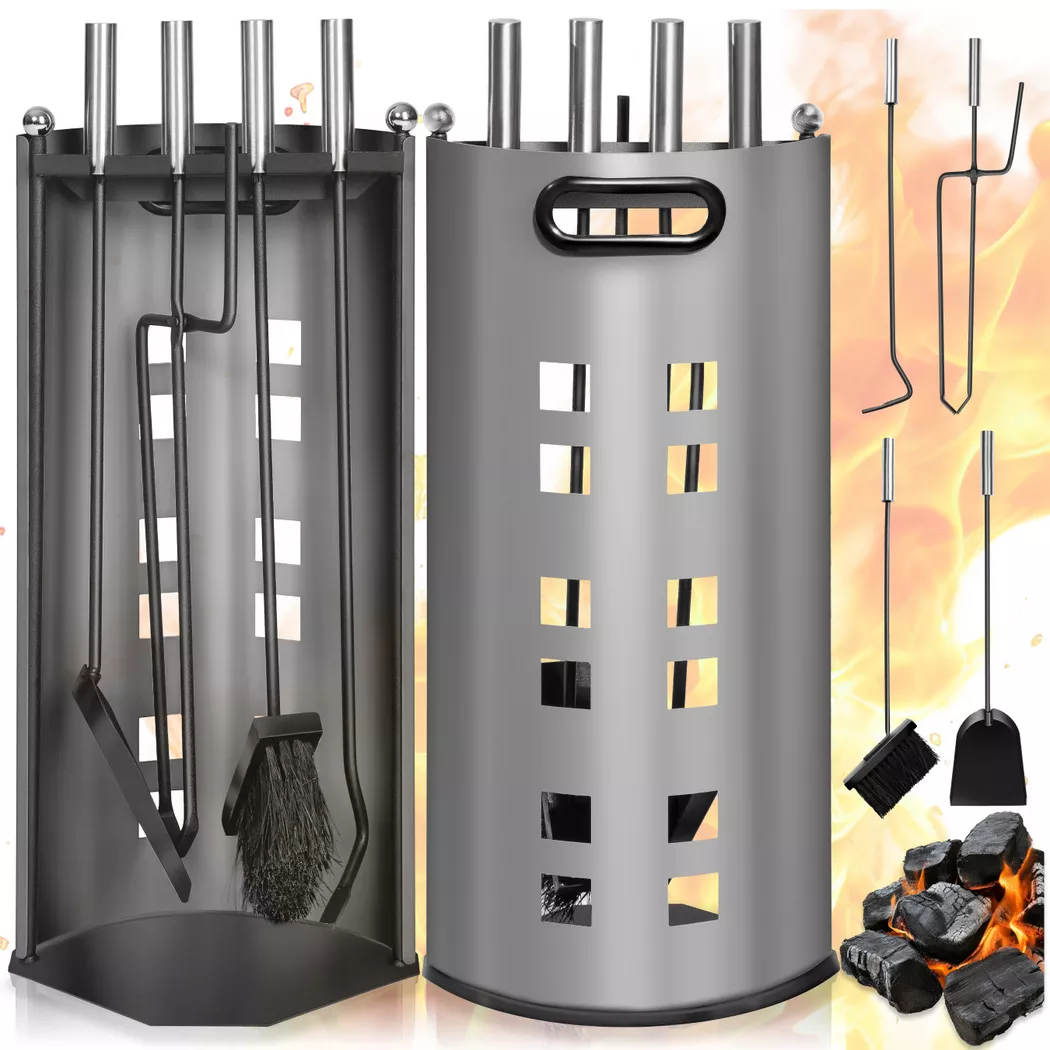 Tectake - Kaminbesteck  5-teilig mit Sichtschutz, One Size, Grau