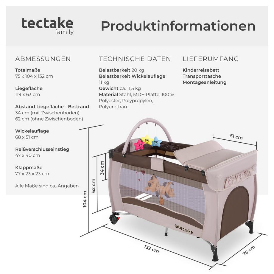 Tectake  Kinderreisebett Hund mit Wickelauflage 