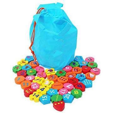 Alphabet Zahl Blöcke aus Holz - Buchstaben ABC Einfädeln Perlen Sortieren Spielzeug 46 Teile