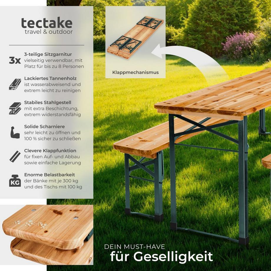 Tectake  Bierzeltgarnitur Sissi 3-teilig, klappbar Tisch 170 x 46 x 77 cm, Bank 170 x 23 x 47,5 cm 