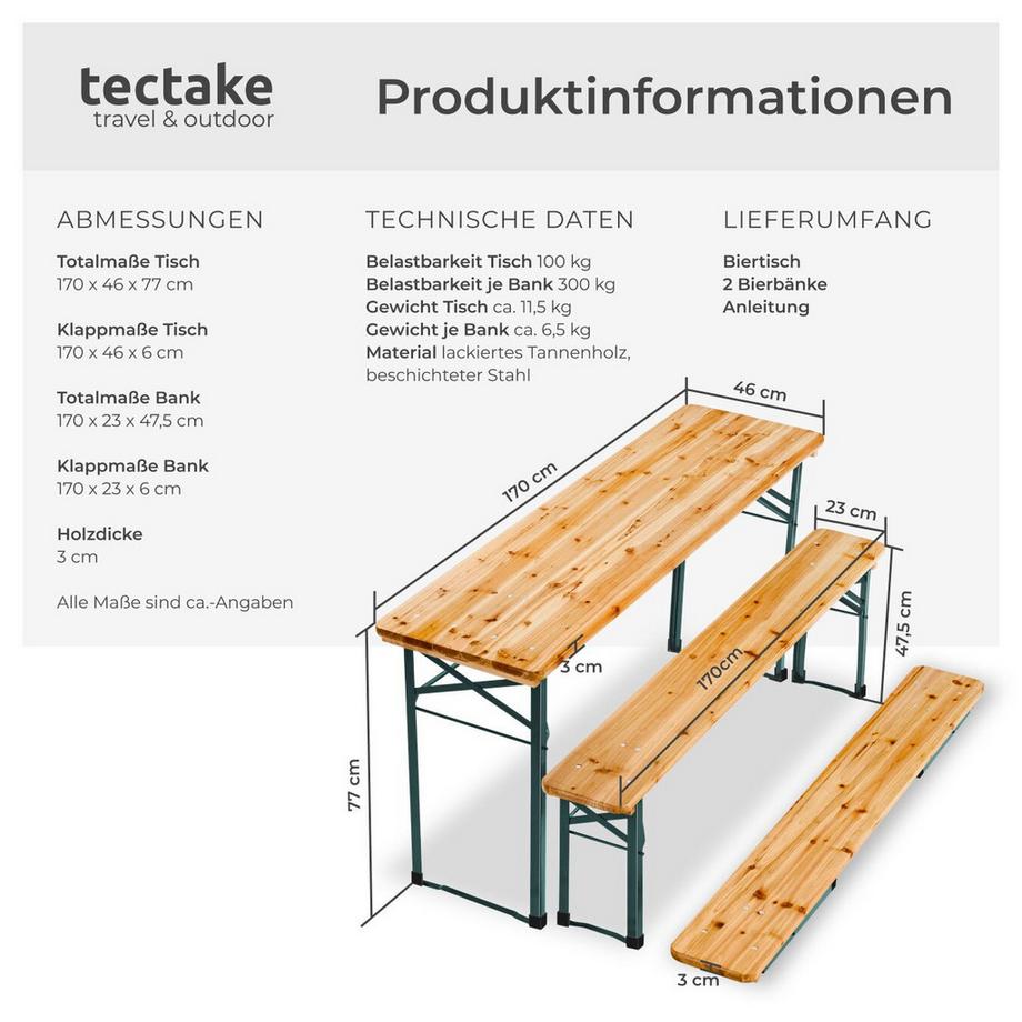 Tectake  Bierzeltgarnitur Sissi 3-teilig, klappbar Tisch 170 x 46 x 77 cm, Bank 170 x 23 x 47,5 cm 
