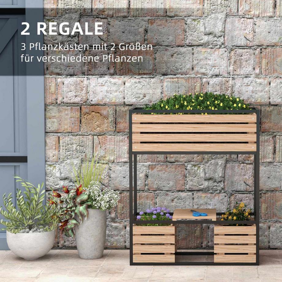 Northio Aiuola rialzata in legno, fioriera a 2 livelli con ripiano, aiuola rialzata con vello interno, aiuola per erbe aromatiche, marrone chiaro, 83 x 39 x 100 cm  