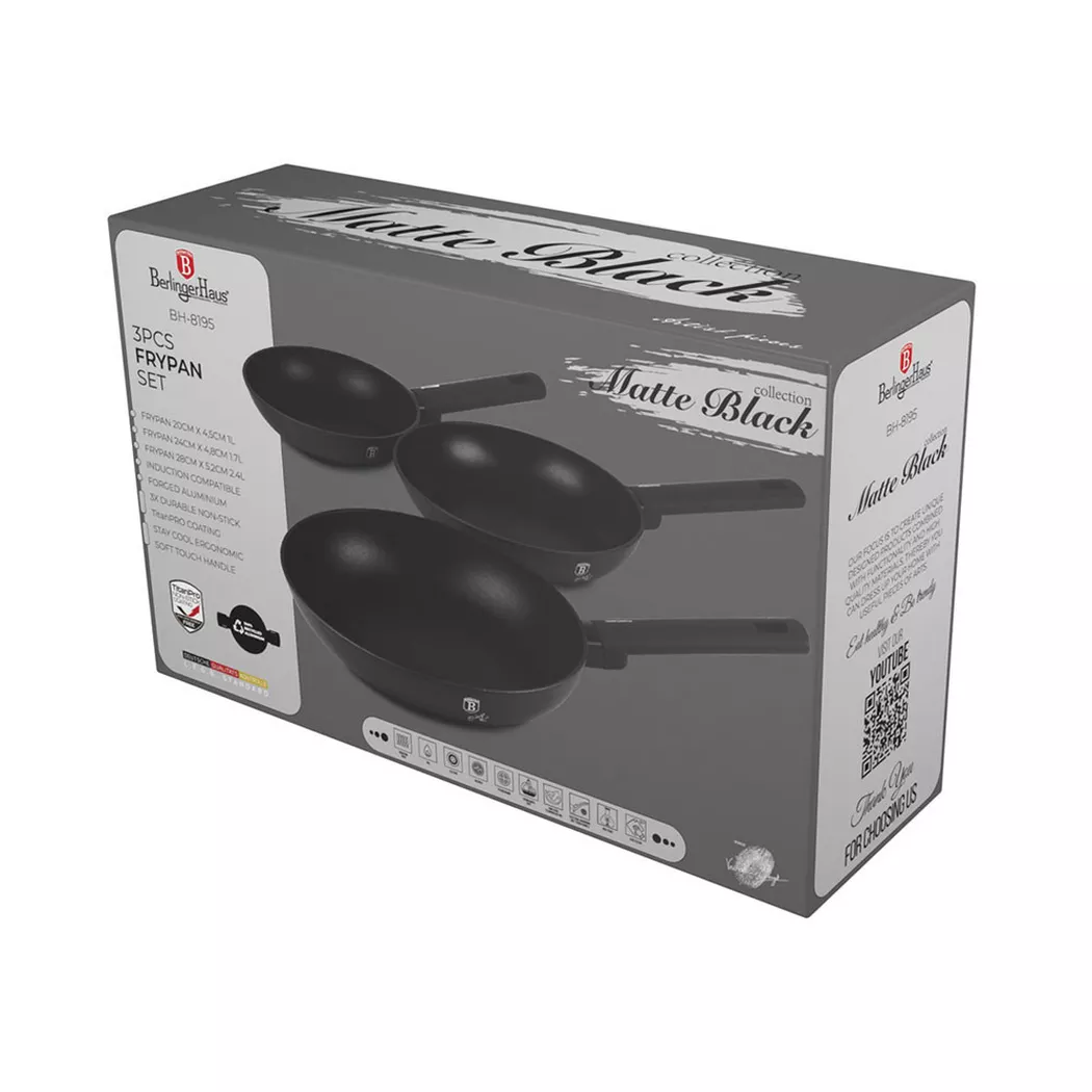 Berlinger - Set de 3 poêles à frire 20/24/28 cm mat Black Collection, One Size