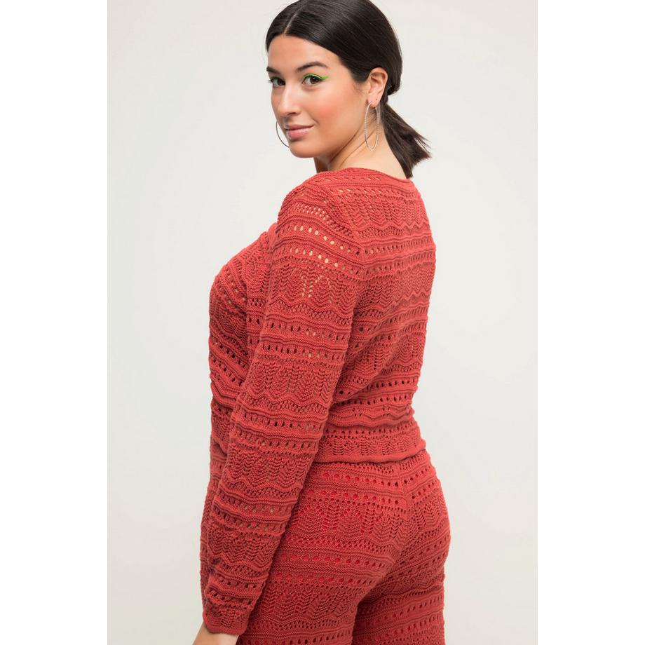 Studio Untold Ajour Pullover Loose Fit mit Raffband Wellensaum Langarm  