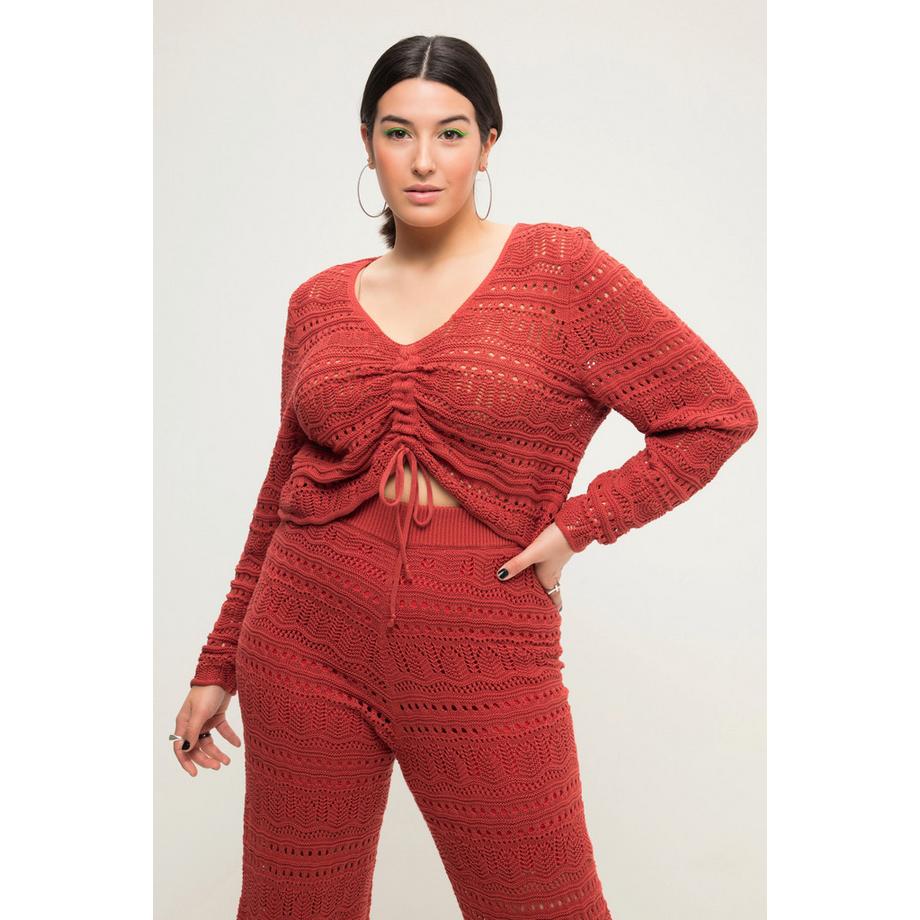 Studio Untold Ajour Pullover Loose Fit mit Raffband Wellensaum Langarm  