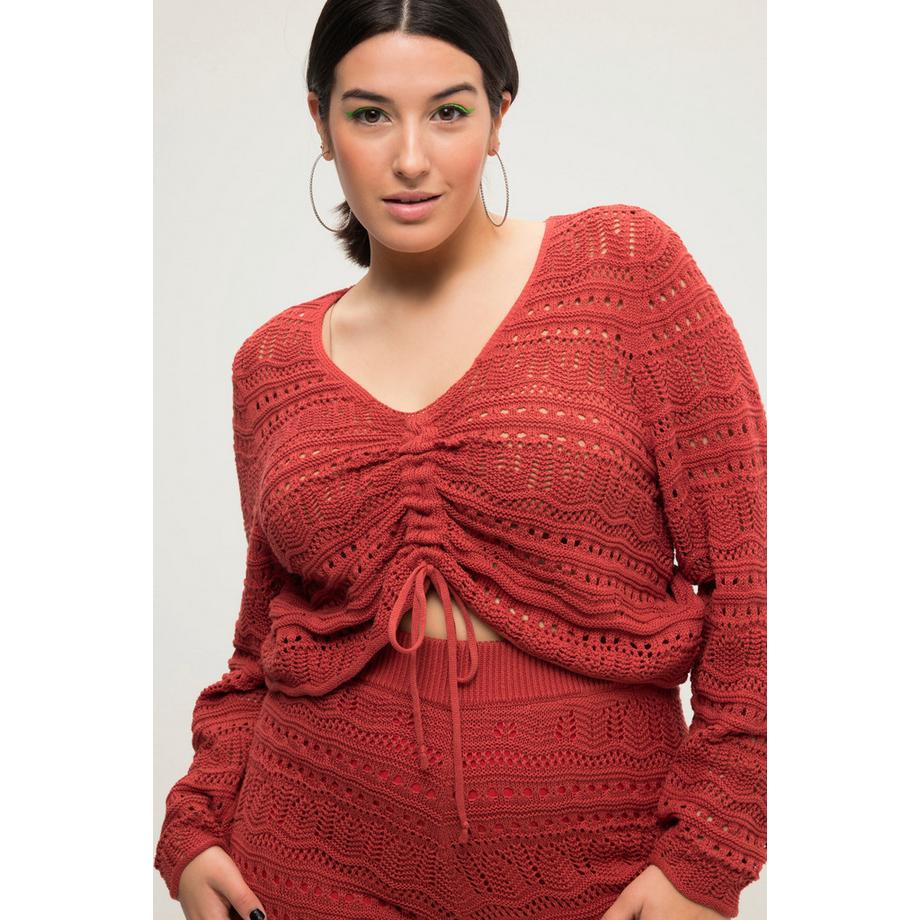 Studio Untold Ajour Pullover Loose Fit mit Raffband Wellensaum Langarm  