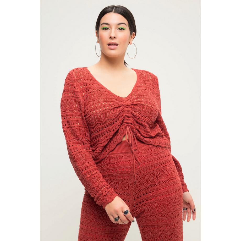 Studio Untold Ajour Pullover Loose Fit mit Raffband Wellensaum Langarm  