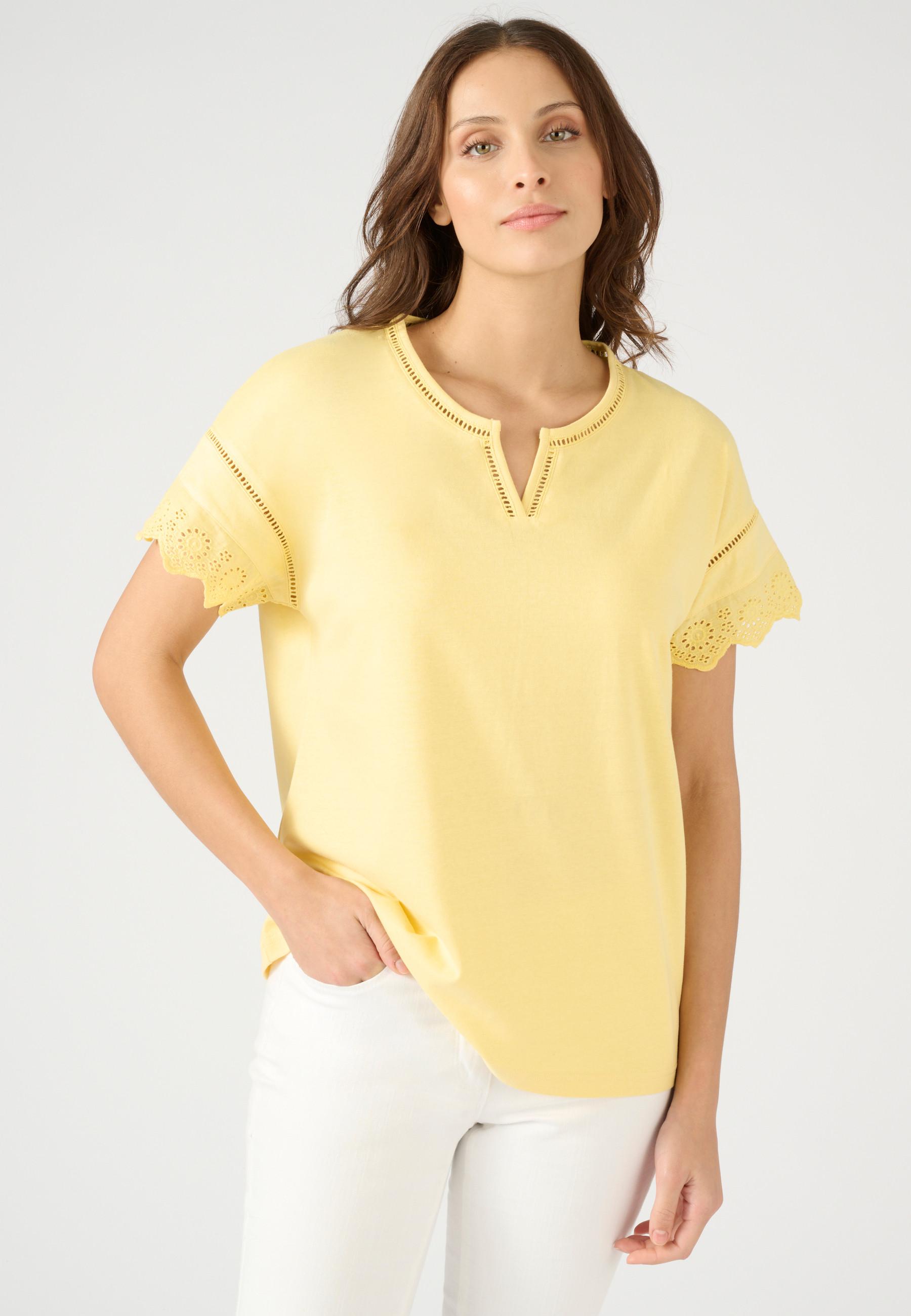 Image of T-shirt Aus Reiner Biobaumwolle, Mit Lochstickerei. Damen Gelb 54/56