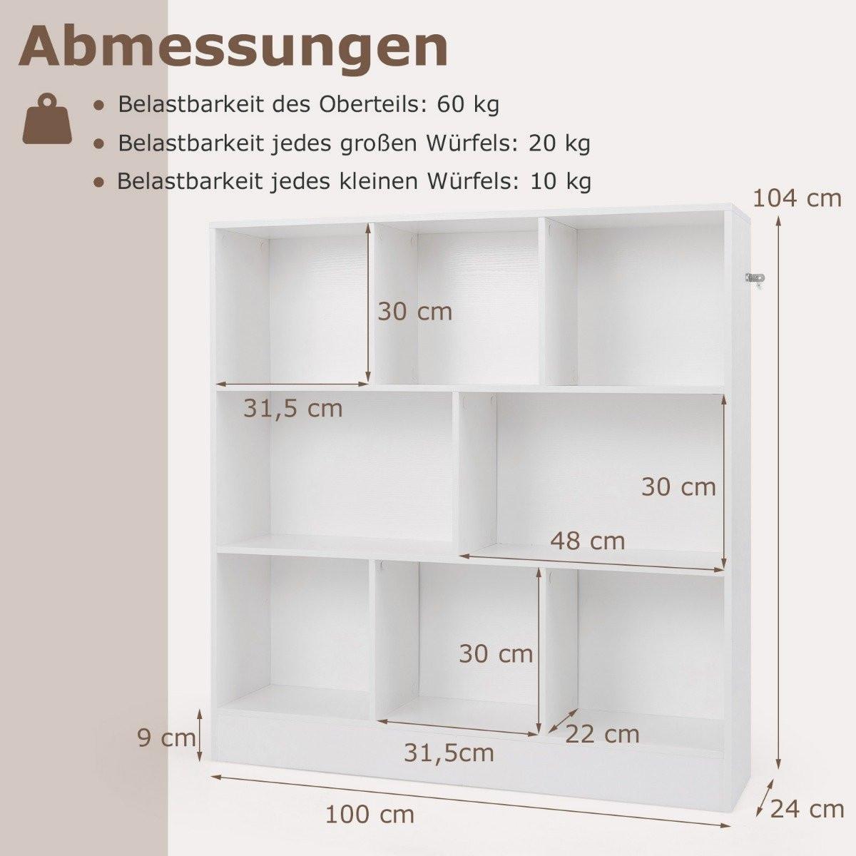 Northix Bücherregal mit 8 Fächern Standregal mit 3 Ebenen Würfelregal Büroregal Aufbewahrungregal 100 x 24 x 104 cm Weiß  
