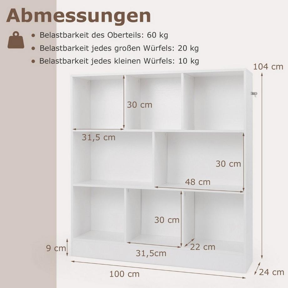 Northix Bücherregal mit 8 Fächern Standregal mit 3 Ebenen Würfelregal Büroregal Aufbewahrungregal 100 x 24 x 104 cm Weiß  