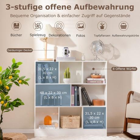 Northix Bücherregal mit 8 Fächern Standregal mit 3 Ebenen Würfelregal Büroregal Aufbewahrungregal 100 x 24 x 104 cm Weiß  