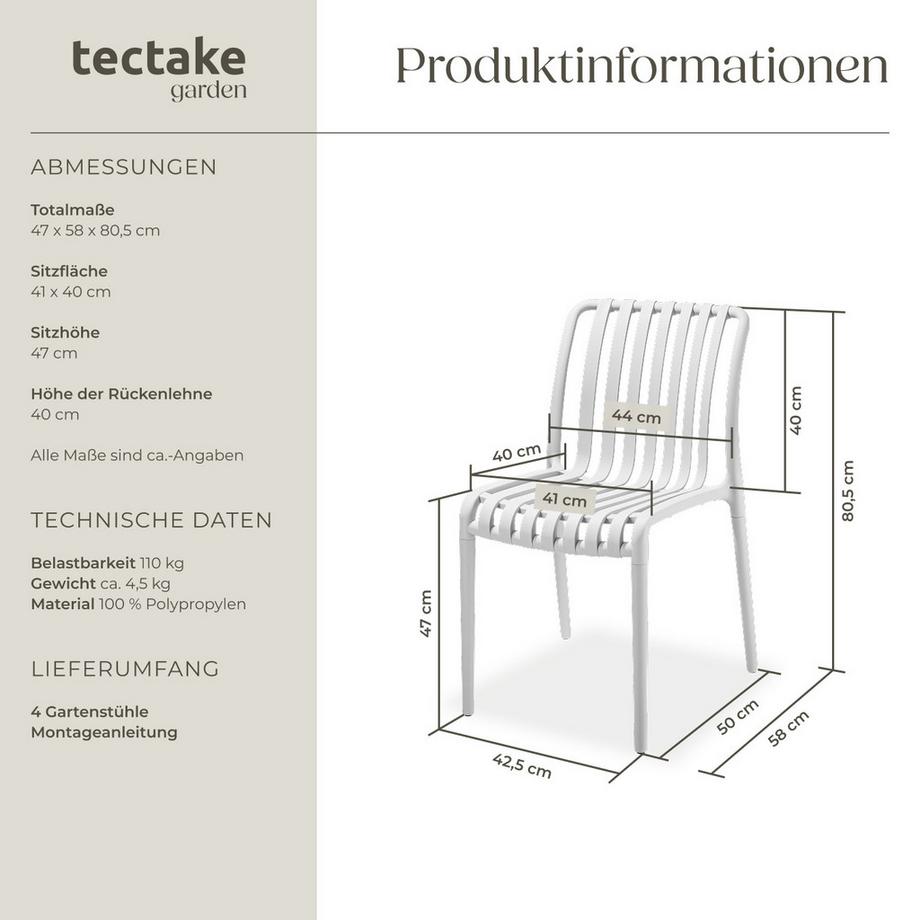 Tectake Gartenstühle Alcudia wetterfest und UV-beständig platzsparend und stapelbar 4er Set  