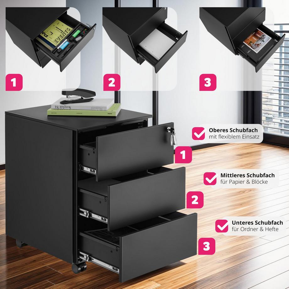 Tectake Aktenrollschrank Magna mit 3 abschliessbaren Schubladen  